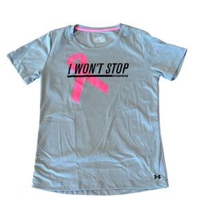 Under Armour Light Gray Pink Ribbon “I Won’t Stop” Tee Size Medium